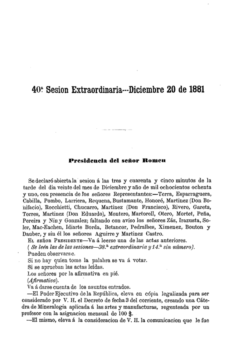 DIARIO DE SESIONES DE LA CAMARA DE REPRESENTANTES del 20/12/1881
